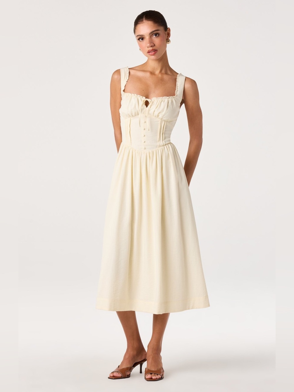 ASTR The Label Sahana Crochet Trim Milkmaid Dress Medium Buttercream NWOT